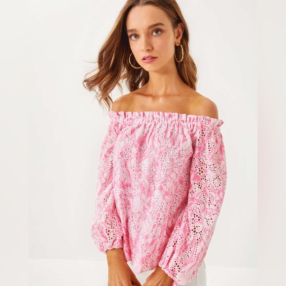 Lilly Pulitzer Jamielynn Off-the-Shoulder Top Eyelet Boho Beach XXS - Picture 1 of 7